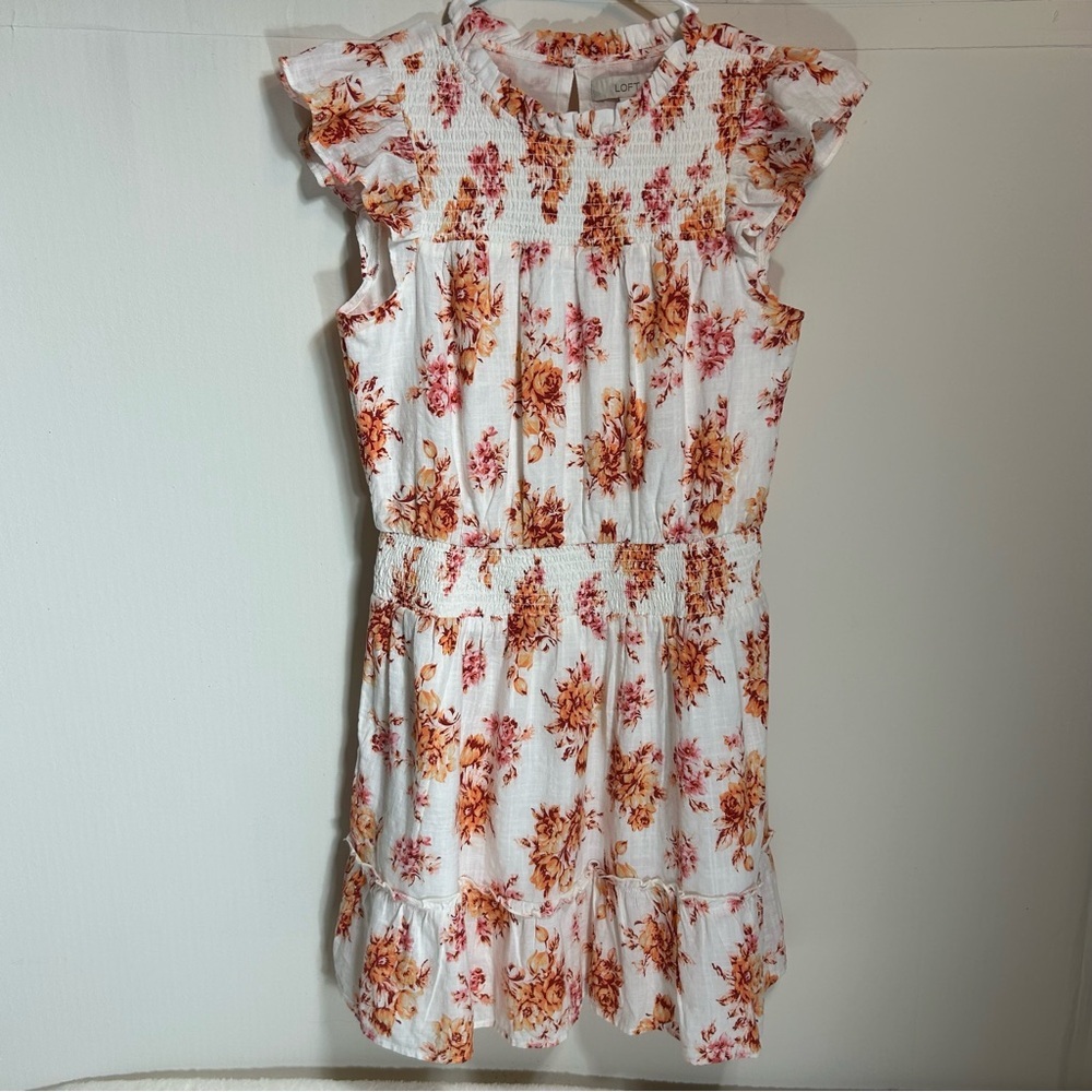 LOFT White Ruffle & Smocked Dress with Orange and Pink Floral Print Size SP